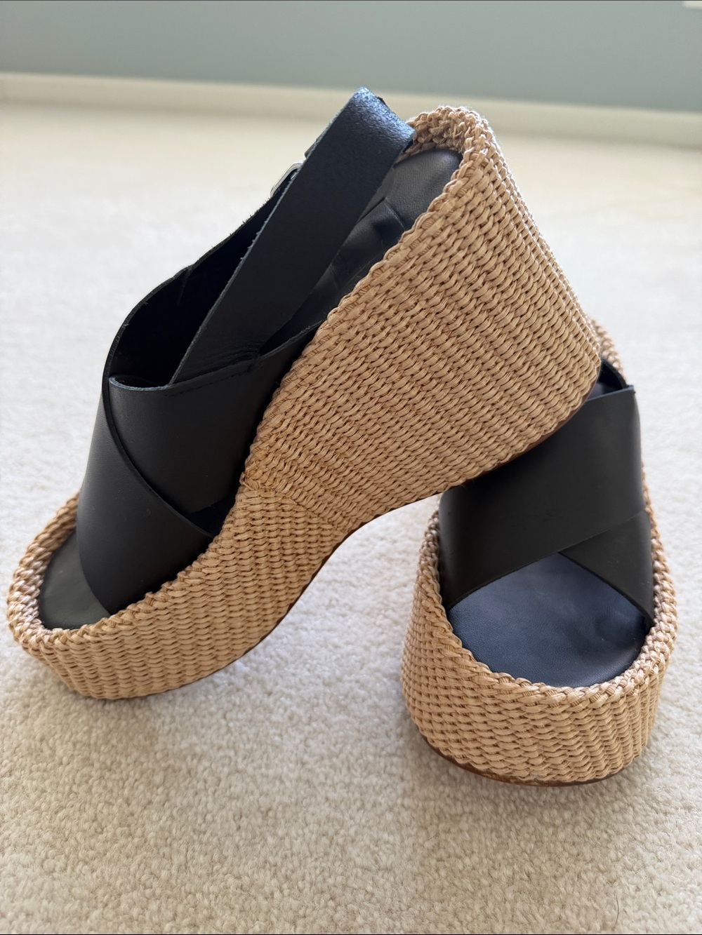 Dolce Vita Black Leather Platform Sandals with Braided Espadrille Sole